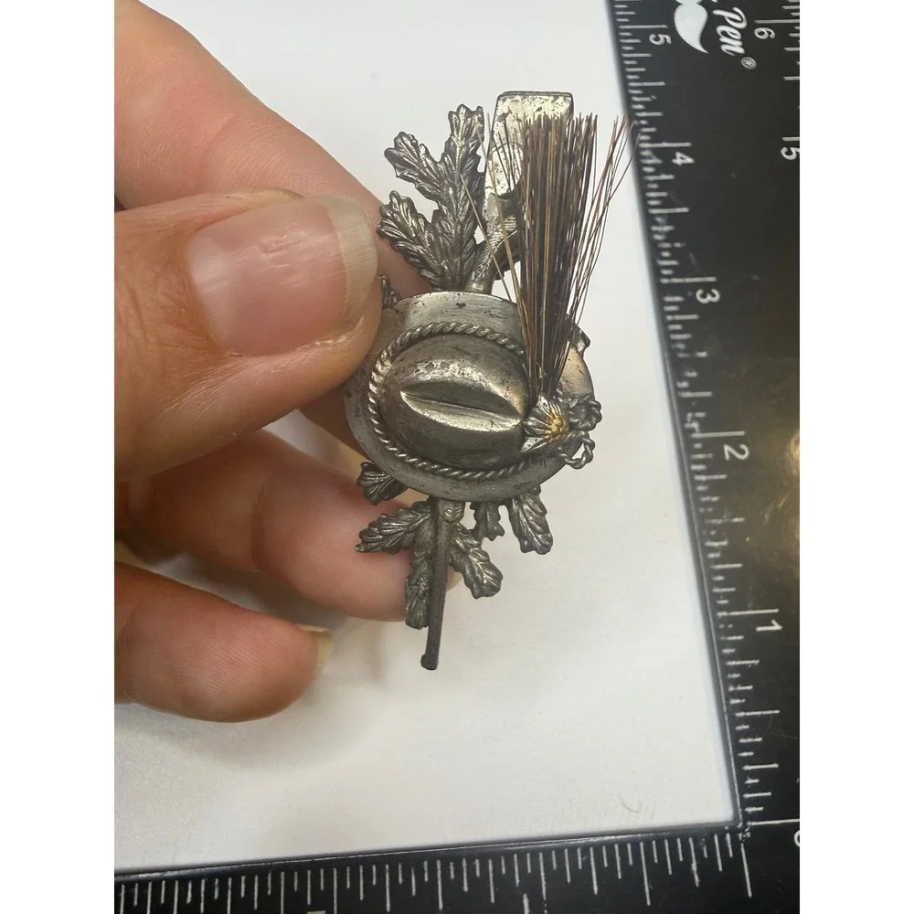 Western Germany Tyrolean Hat Gamsbart Pin Silver Tone Oak Leaf Brooch 2 Inch